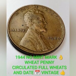 👍✅‼️ 1944  no mint mark Lincoln Penny Full Wheat & Date 📅 CIRCULATED